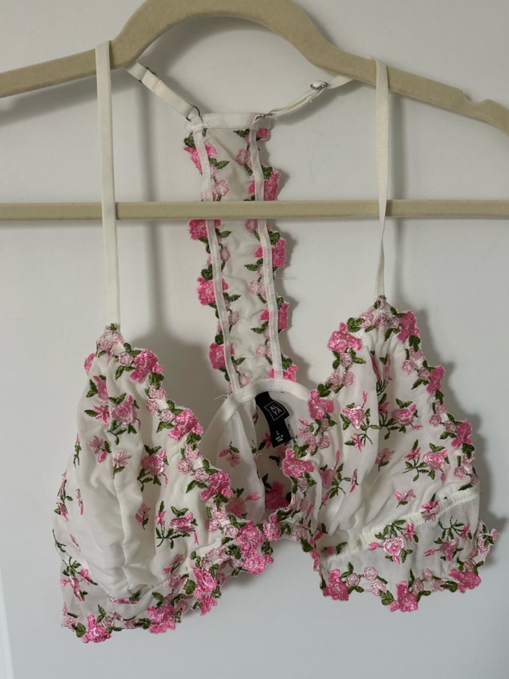Alya Floral Lace Rosette Embroidered Pink White Bralette L